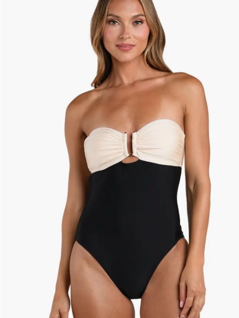 L'AGENCE Emilia Color block Bandeau One-Piece Swimsuit in Cream and Black
